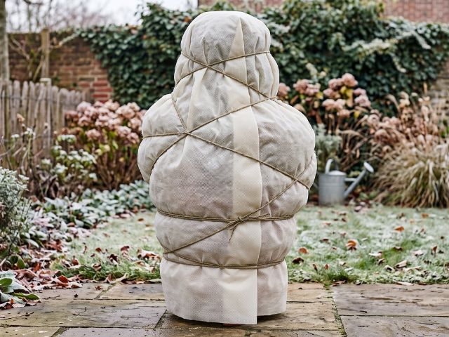 Eingepackte Kübelpflanzen gegen Frost